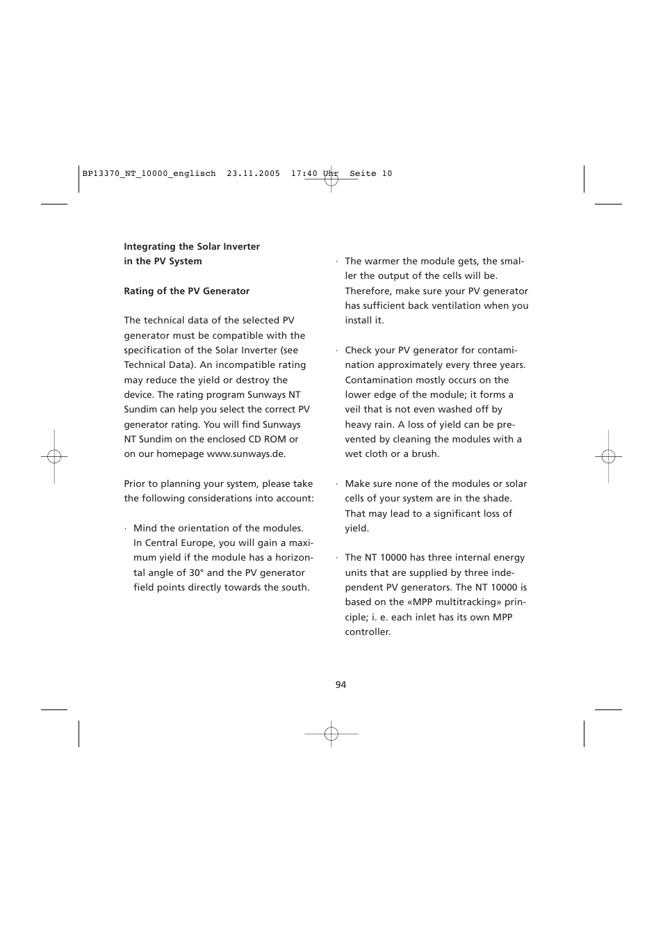 Integrating the solar inverter, In the pv system | Sunway NT 10000 User Manual | Page 10 / 82