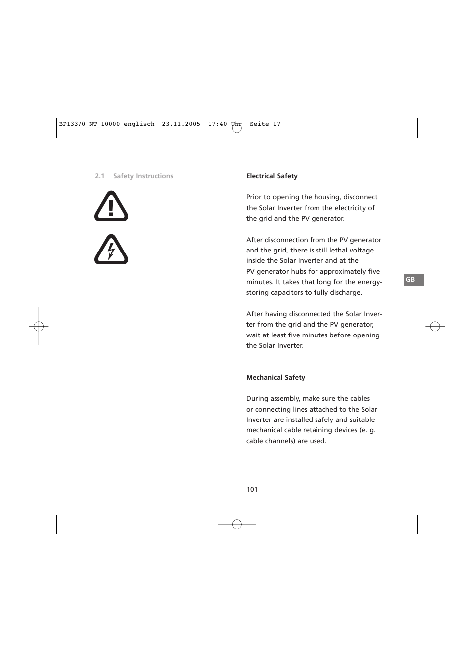 Electrical safety, Mechanical safety | Sunway NT 10000 User Manual | Page 17 / 82