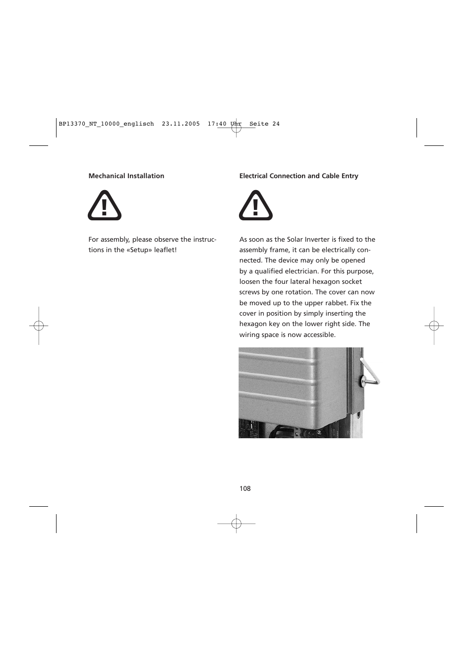 Mechanical installation, Electrical connection and cable entry | Sunway NT 10000 User Manual | Page 24 / 82