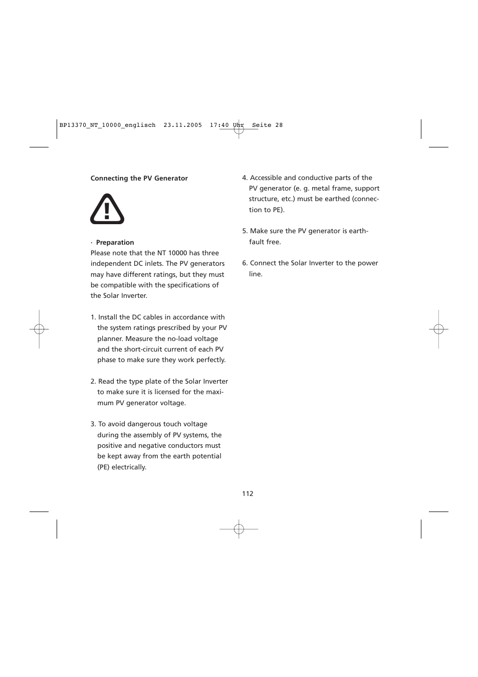 Connecting the pv generator | Sunway NT 10000 User Manual | Page 28 / 82