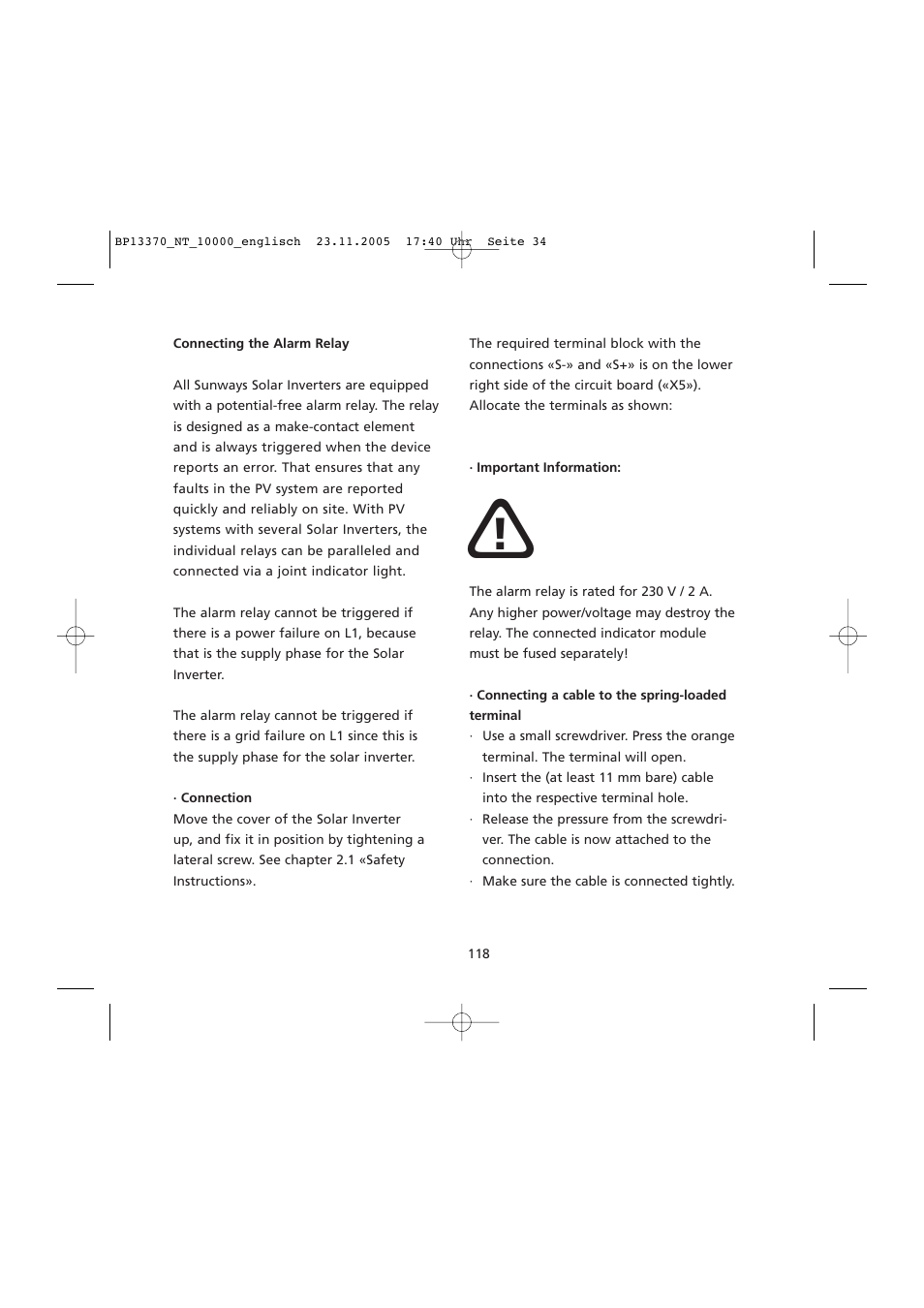 Connecting the alarm relay | Sunway NT 10000 User Manual | Page 34 / 82