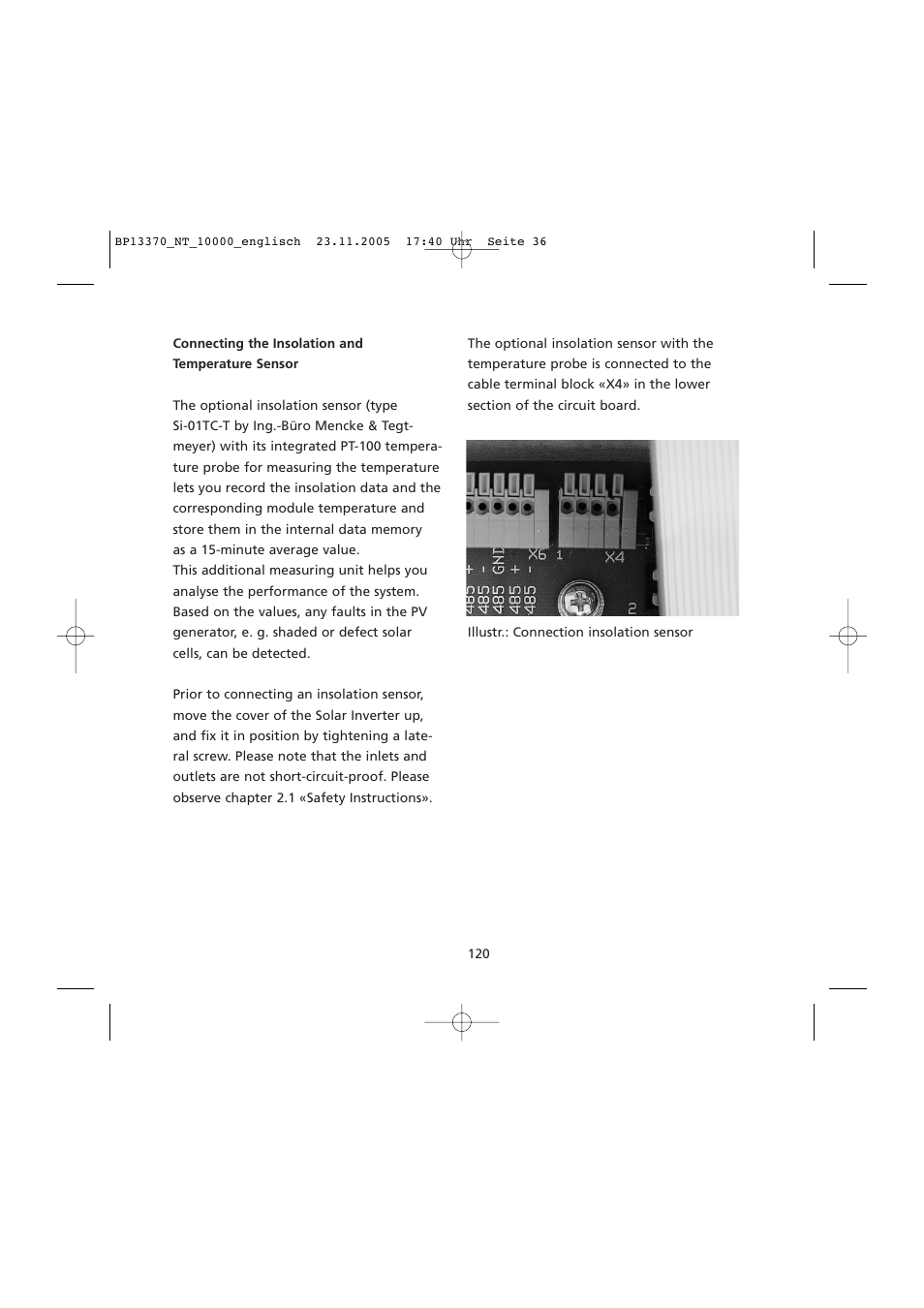 Connecting the insolation and, Temperature sensor | Sunway NT 10000 User Manual | Page 36 / 82