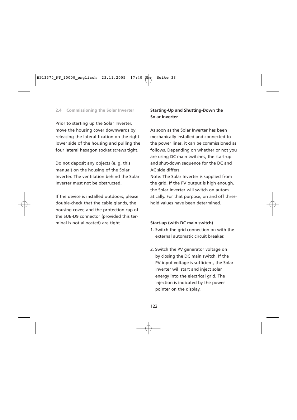 Starting-up and shutting-down the, Solar inverter | Sunway NT 10000 User Manual | Page 38 / 82