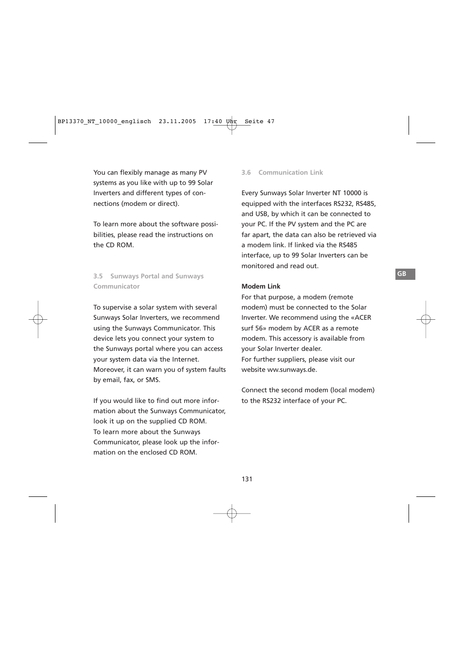 General information, Modem link | Sunway NT 10000 User Manual | Page 47 / 82