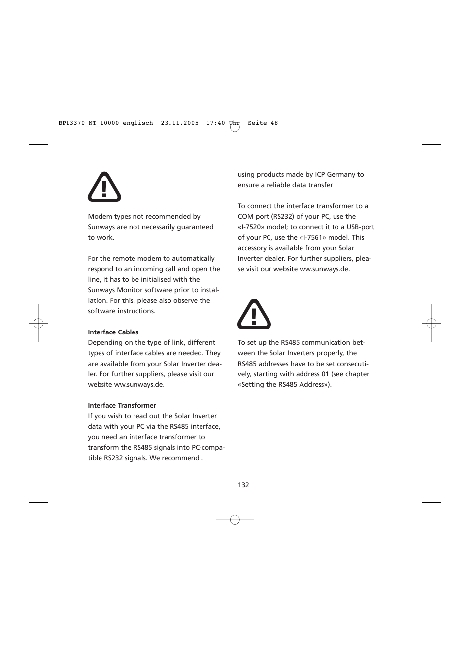 Interface cables, Interface transformer | Sunway NT 10000 User Manual | Page 48 / 82