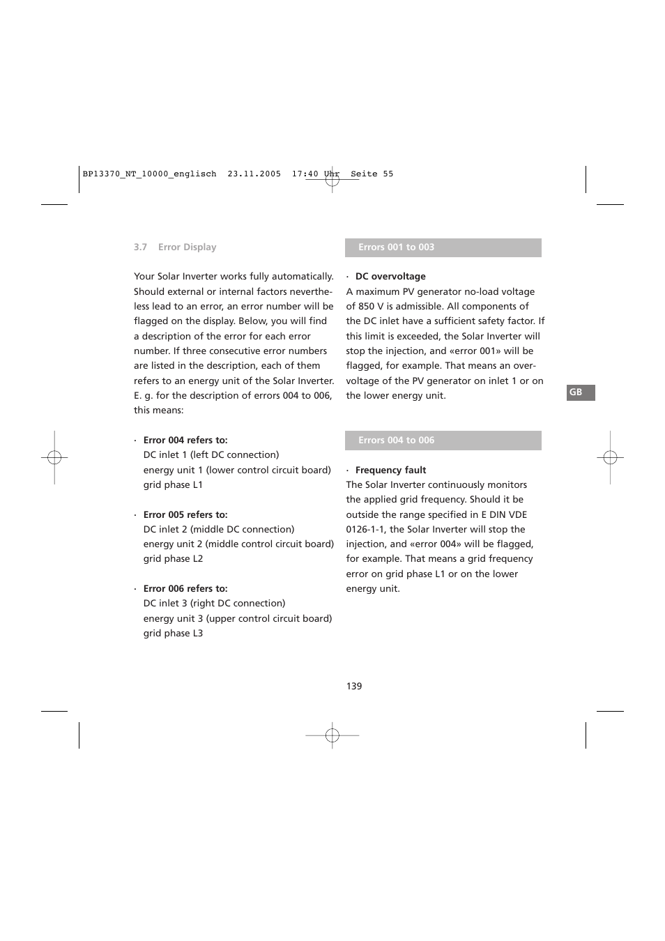 Errors 001 to 036 | Sunway NT 10000 User Manual | Page 55 / 82