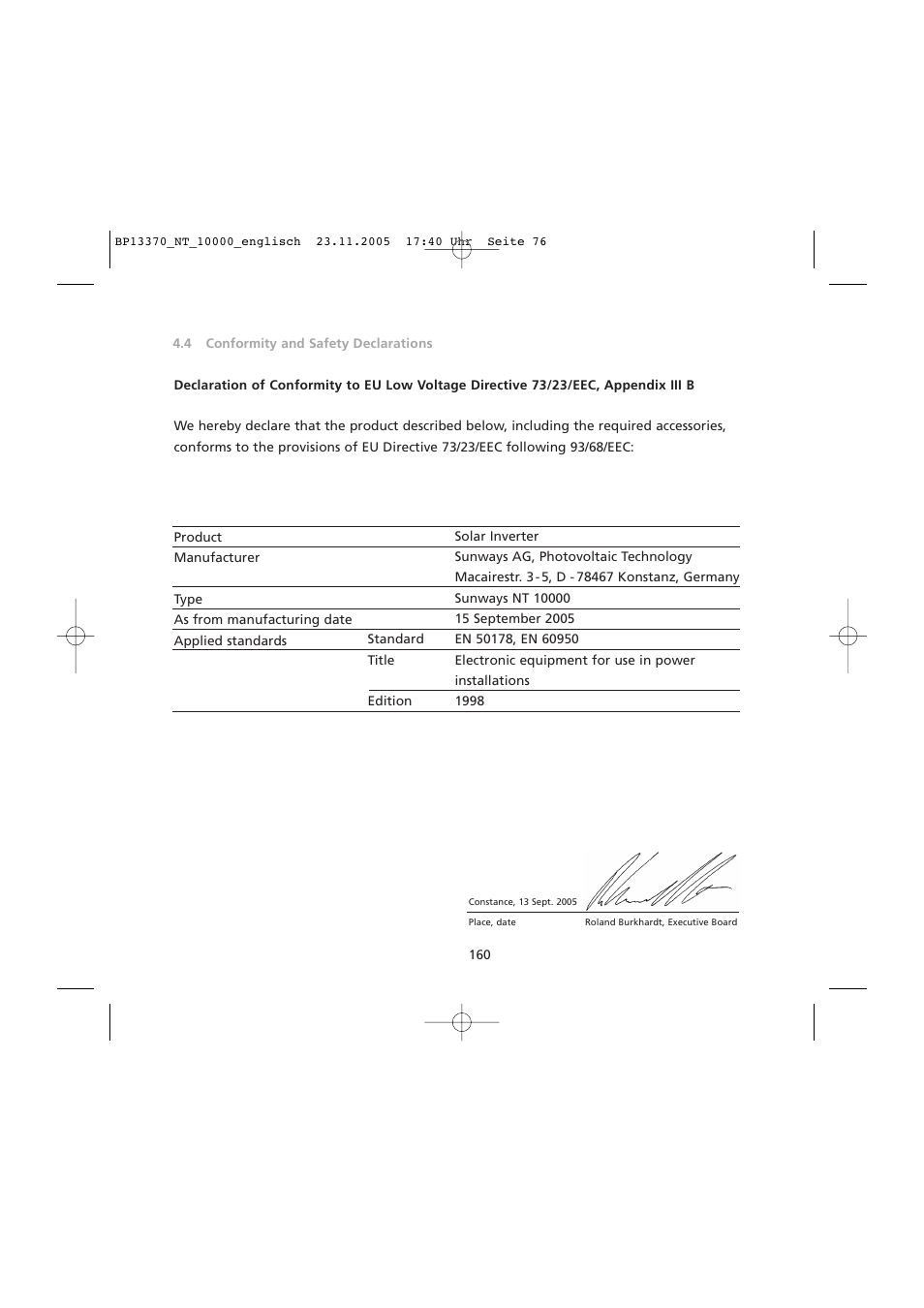 Eu low voltage directive 73/23/eec | Sunway NT 10000 User Manual | Page 76 / 82