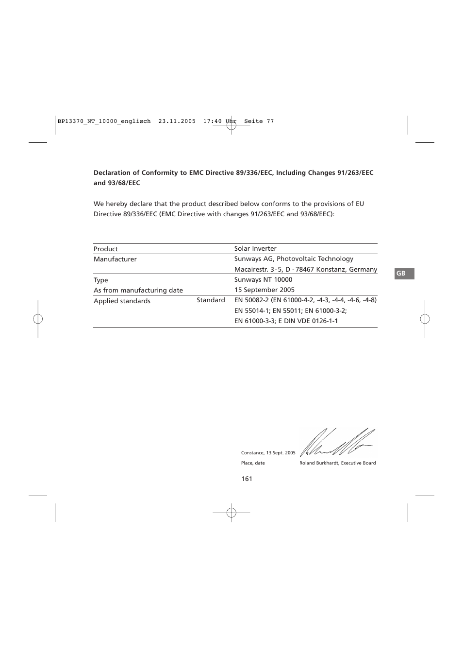 Emc directive 89/336/eec, including changes, 91/263/eec | Sunway NT 10000 User Manual | Page 77 / 82