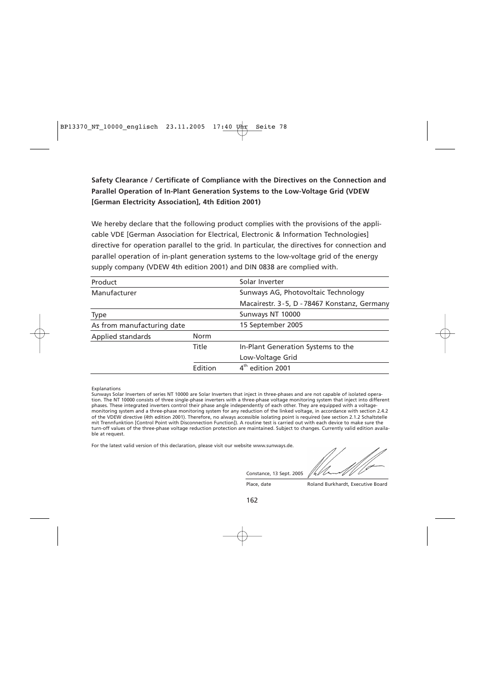 Safety clearance / certificate of compliance, Vdew 4th edition 2001) | Sunway NT 10000 User Manual | Page 78 / 82