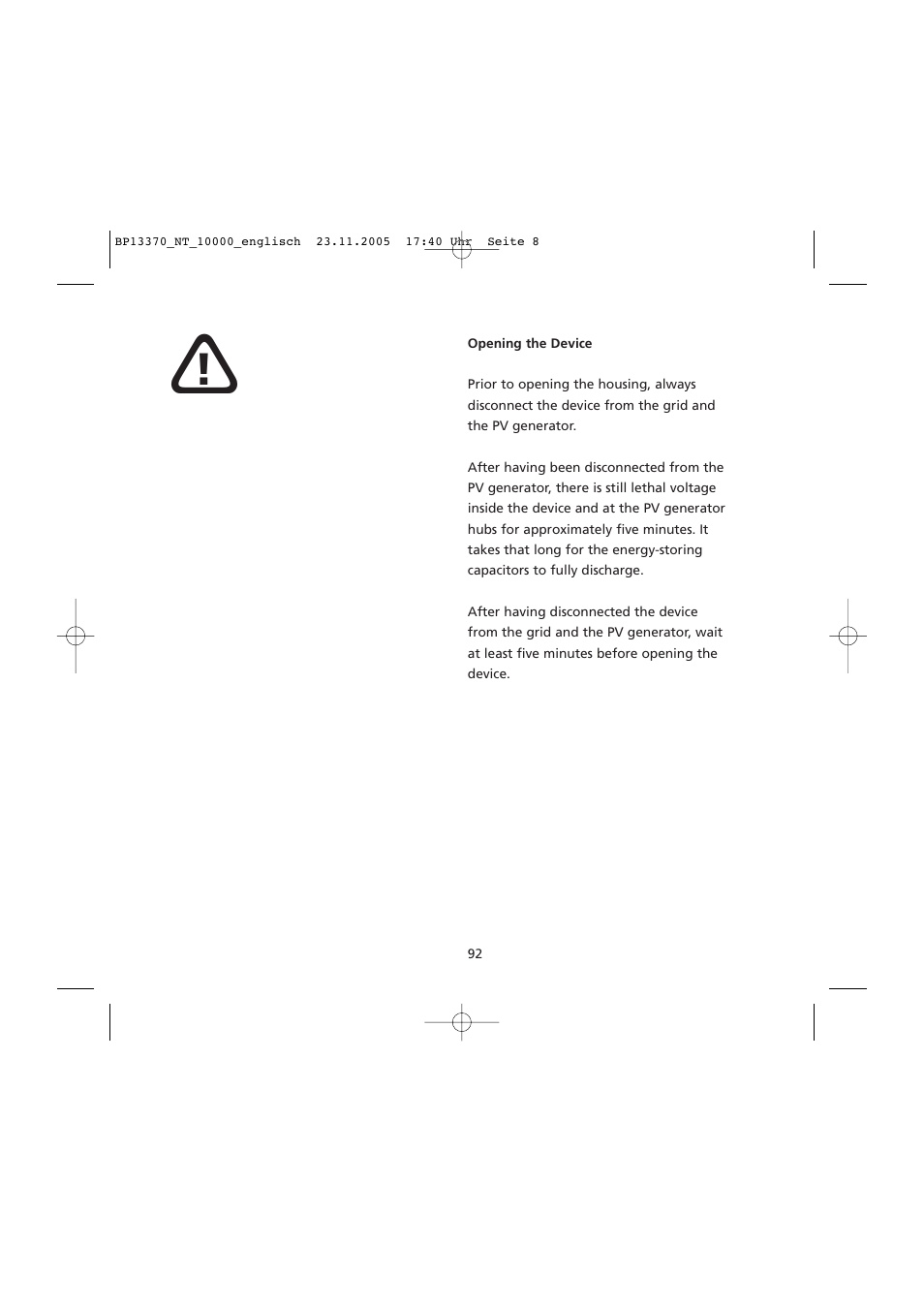 Opening the device | Sunway NT 10000 User Manual | Page 8 / 82
