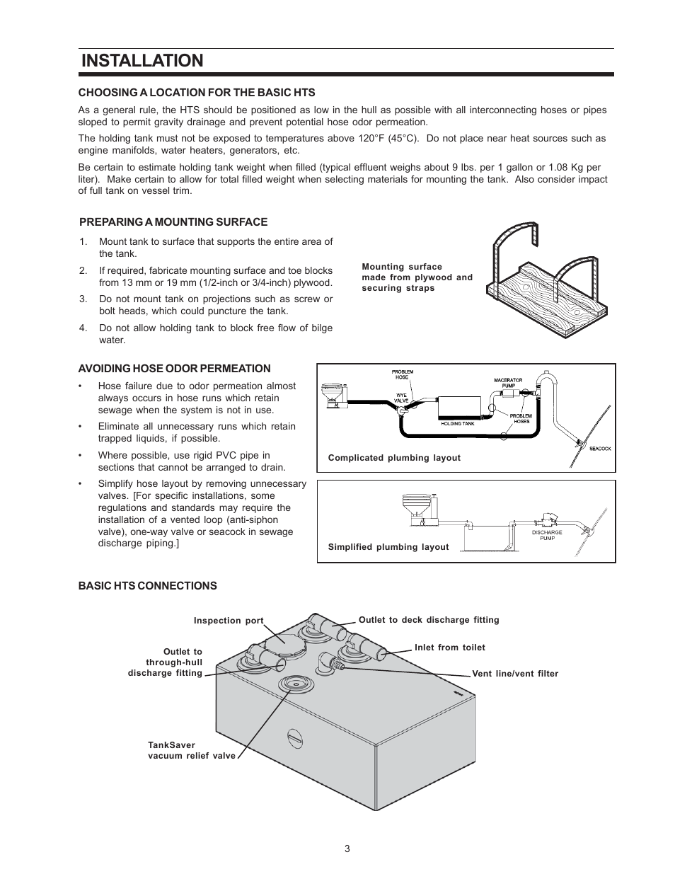 Installation, Choosing a location, Preparing a surface | Avoiding hose odor permeation, Tank connections | SeaLand BASIC HOLDING TANK SYSTEM User Manual | Page 3 / 8