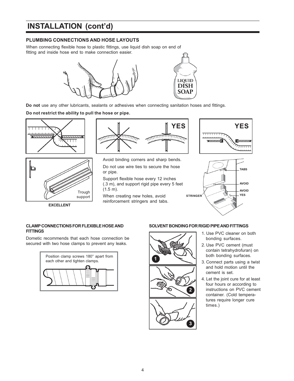 Plumbing connections, hose layouts, Clamp connections, Solvent bond connections | Installation (cont’d) | SeaLand BASIC HOLDING TANK SYSTEM User Manual | Page 4 / 8