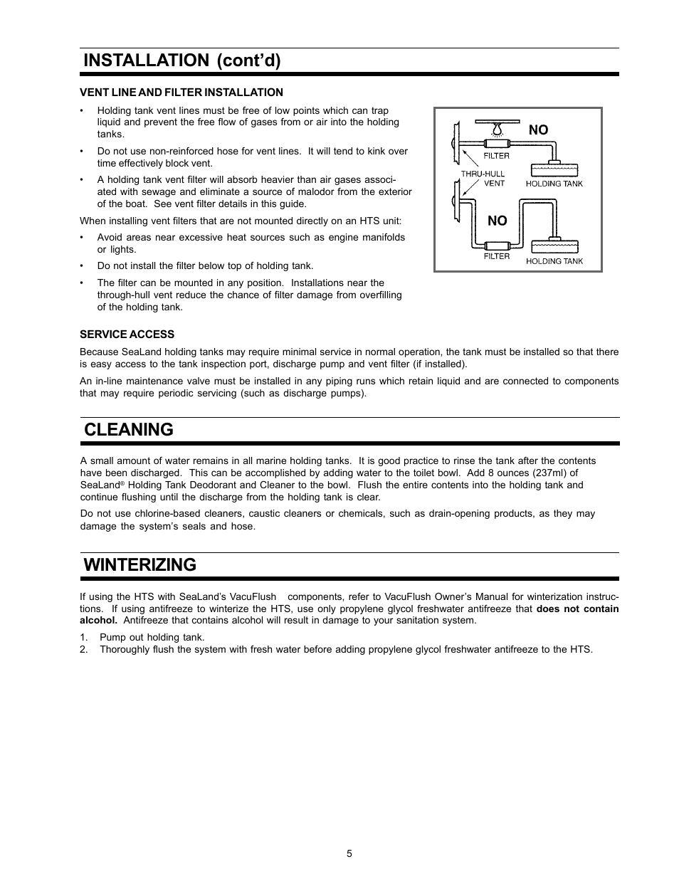 Vent line and filter installation, Service access, Cleaning | Winterizing, Installation (cont’d) winterizing | SeaLand BASIC HOLDING TANK SYSTEM User Manual | Page 5 / 8