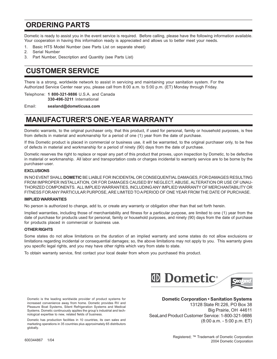 Ordering parts, Customer service, Warranty | Manufacturer's one-year warranty ordering parts | SeaLand BASIC HOLDING TANK SYSTEM User Manual | Page 8 / 8