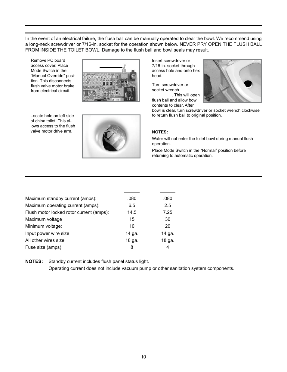 Manual flush operation, Toilet system electrical specifications | SeaLand 3000 User Manual | Page 10 / 24