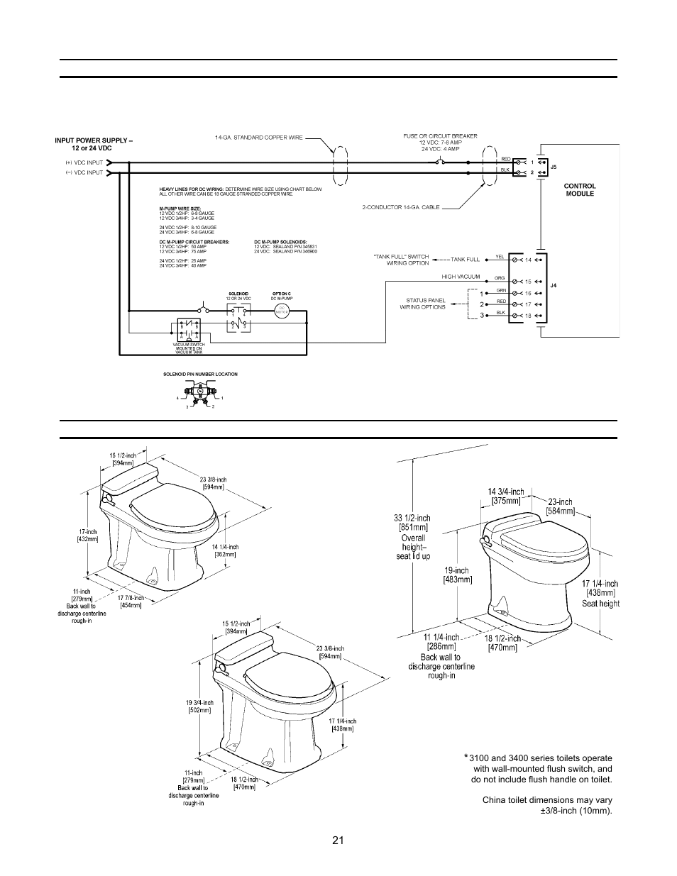 Dimensions, Marine wiring diagrams (cont’d) | SeaLand 3000 User Manual | Page 21 / 24
