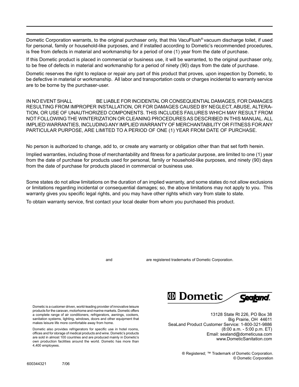 Warranty, Manufacturer’s one-year limited warranty | SeaLand 3000 User Manual | Page 24 / 24