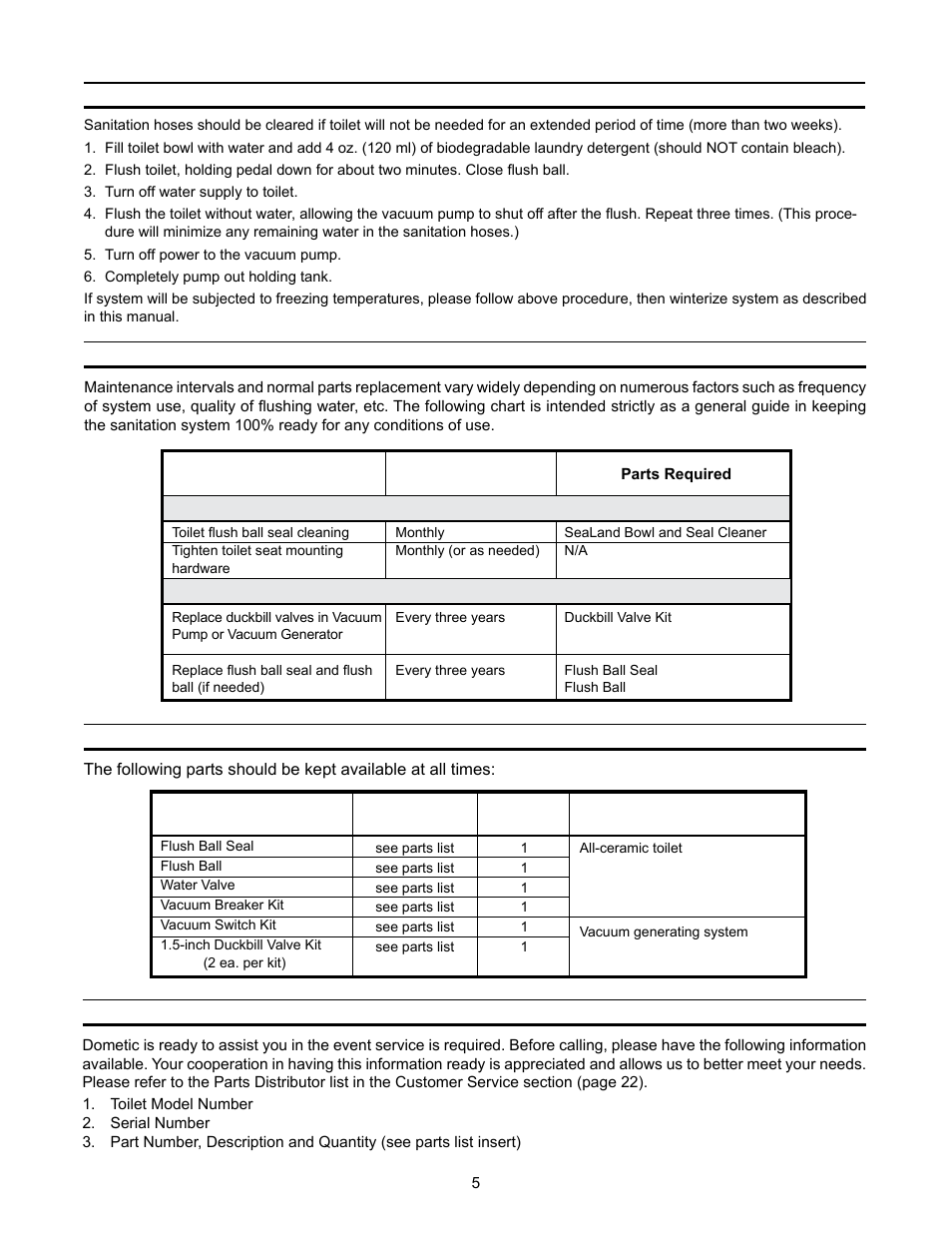 Clearing discharge lines, Maintenance schedule, Spare parts | Ordering parts | SeaLand 3000 User Manual | Page 5 / 24