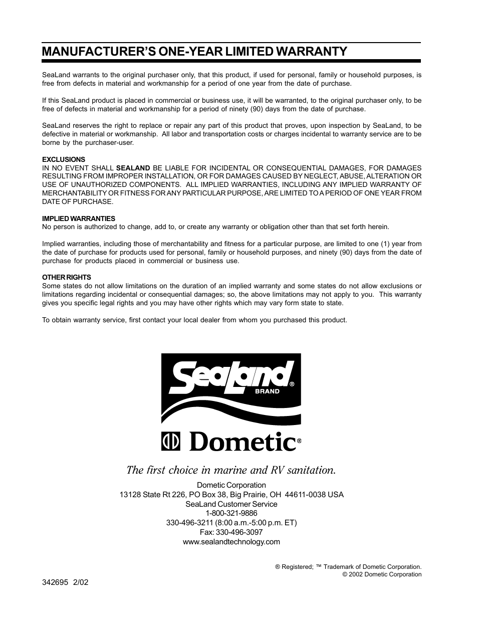 Manufacturer’s one-year limited warranty, The first choice in marine and rv sanitation | SeaLand Vacuum Pump User Manual | Page 12 / 12