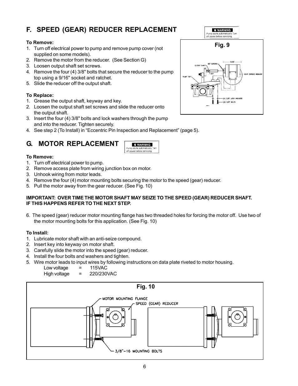 G. motor replacement, F. speed (gear) reducer replacement | SeaLand Vacuum Pump User Manual | Page 6 / 12