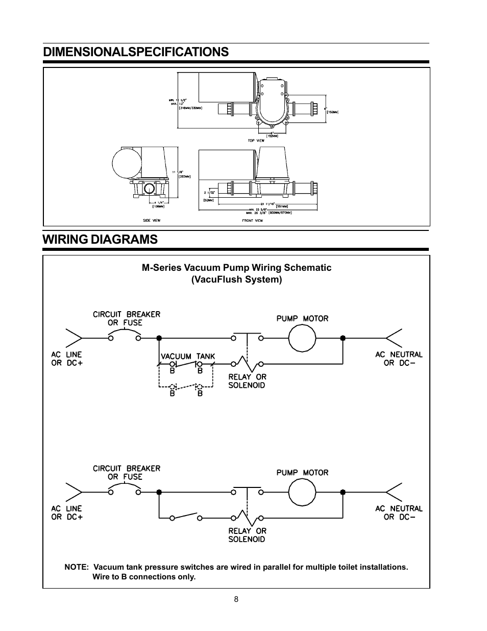 Dimensionalspecifications wiring diagrams | SeaLand Vacuum Pump User Manual | Page 8 / 12