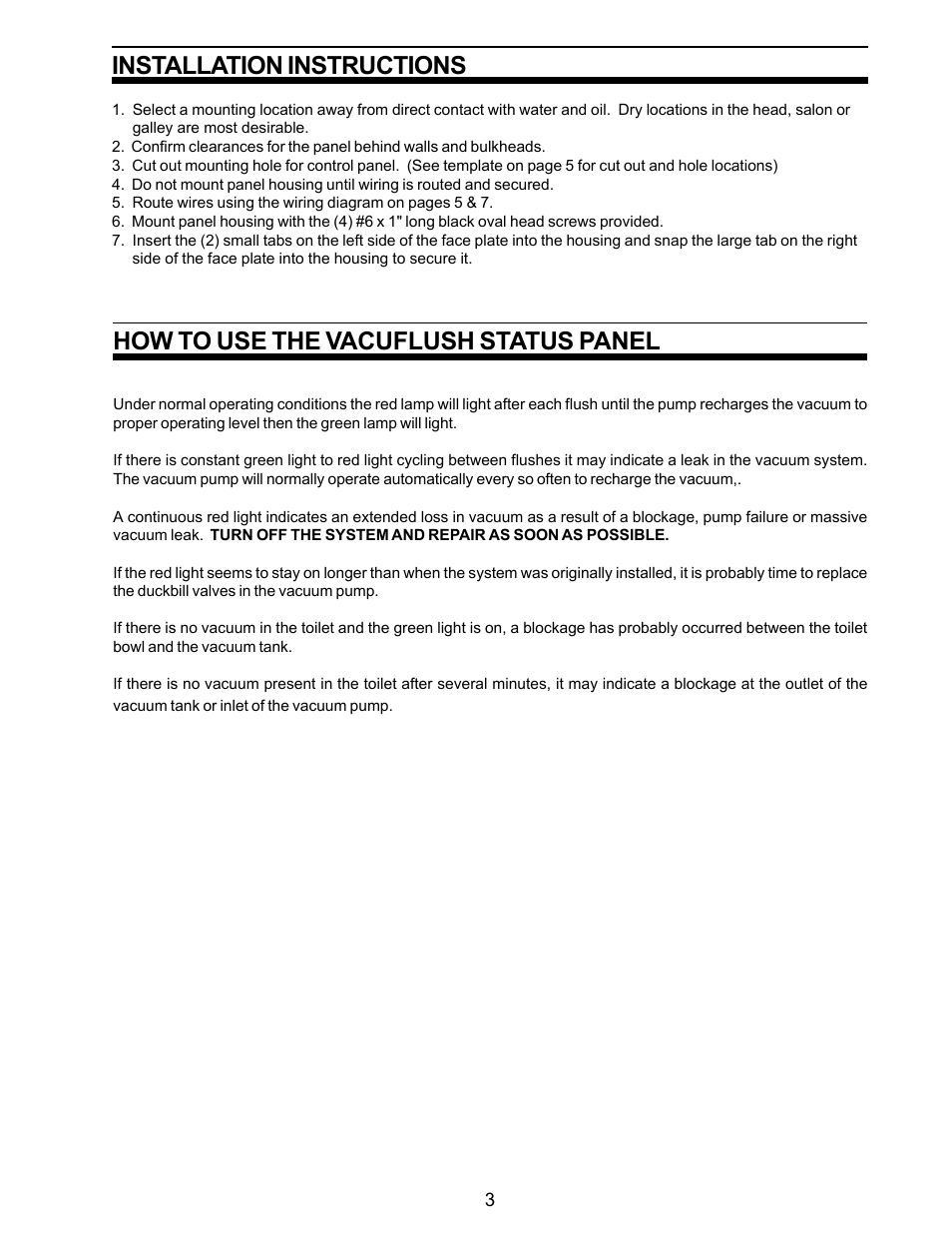 Installation instructions, How to use status panel, How to use the vacuflush status panel | SeaLand VACUFLUSH User Manual | Page 3 / 8