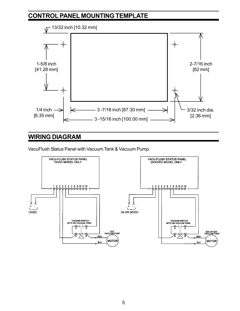 Control panel mounting template, Wiring diagrams, Status panel with vacuum pump and tank | Control panel mounting template wiring diagram | SeaLand VACUFLUSH User Manual | Page 5 / 8