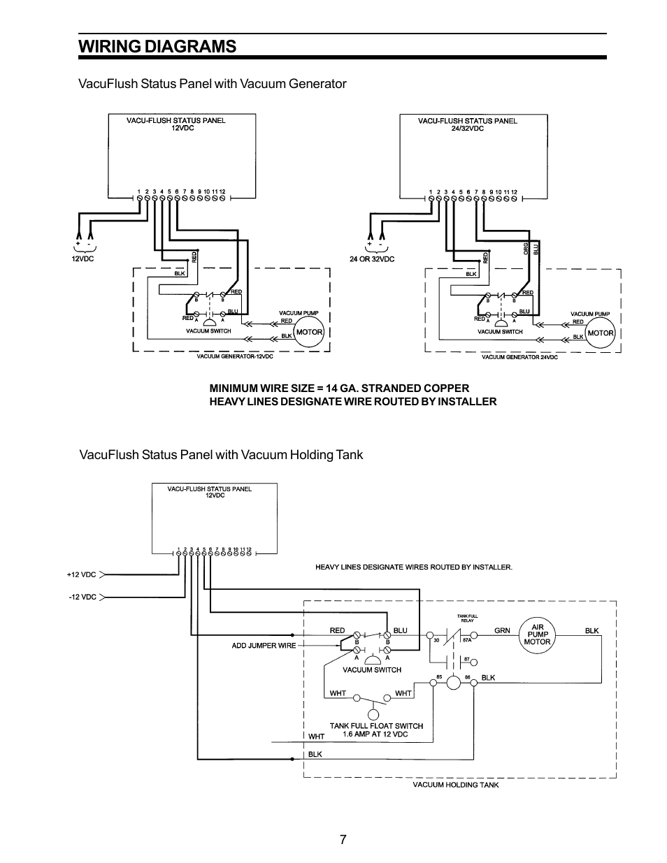 Status panel with vacuum generator, Status panel with vacuum holding tank, Wiring diagrams | SeaLand VACUFLUSH User Manual | Page 7 / 8