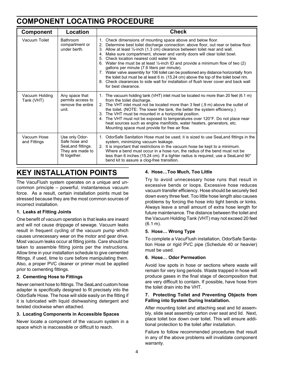 Key installation points, Component locating procedure | SeaLand VACUUM HOLDING TANK User Manual | Page 4 / 8