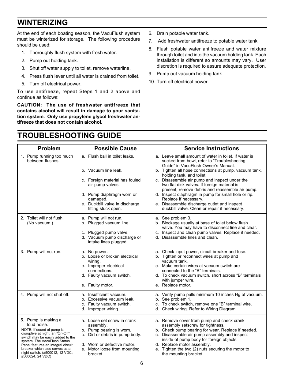 Winterizing troubleshooting guide, Possible cause service instructions problem | SeaLand VACUUM HOLDING TANK User Manual | Page 6 / 8