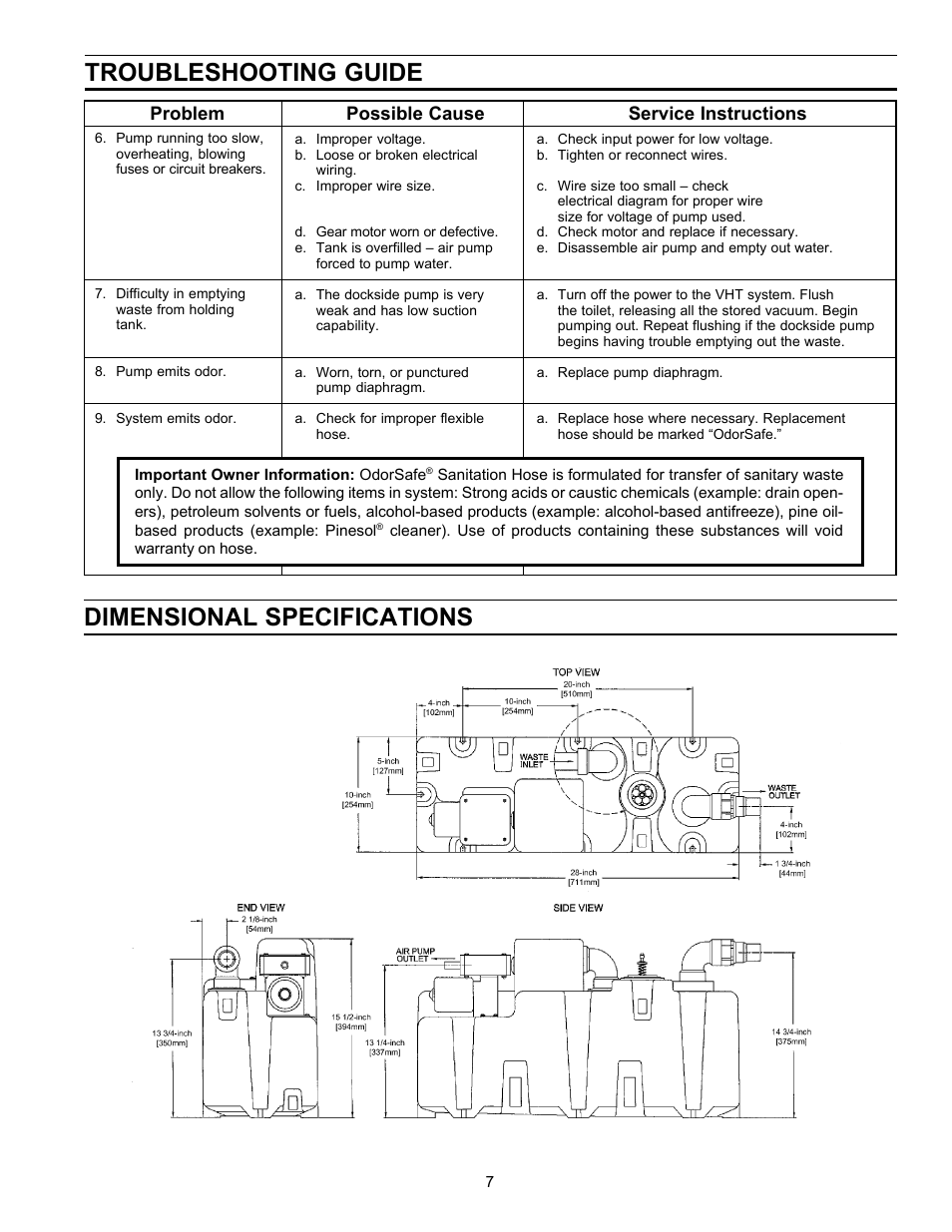 Troubleshooting guide, Dimensional specifications | SeaLand VACUUM HOLDING TANK User Manual | Page 7 / 8