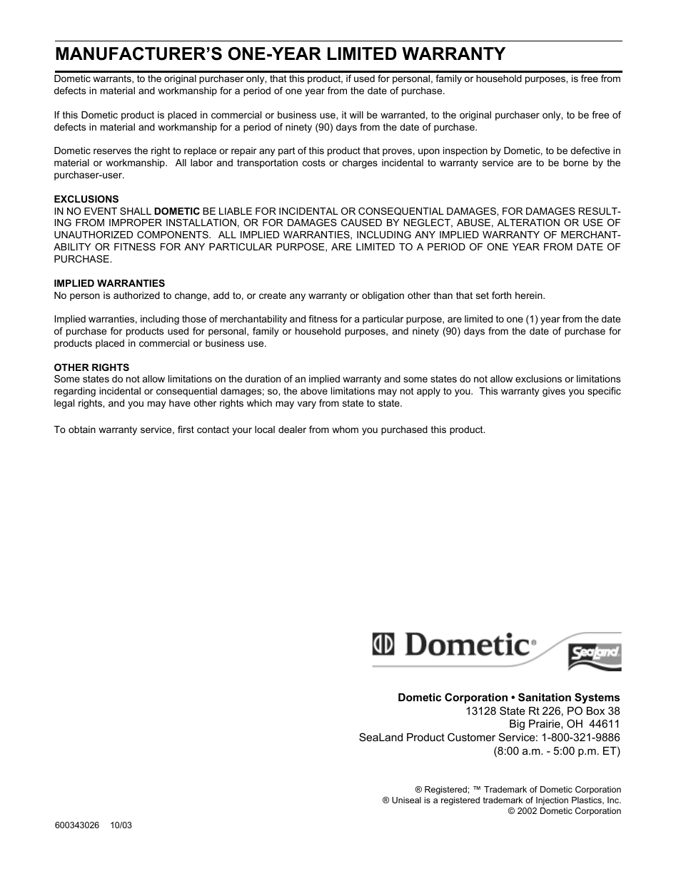 Manufacturer’s one-year limited warranty | SeaLand VACUUM HOLDING TANK User Manual | Page 8 / 8