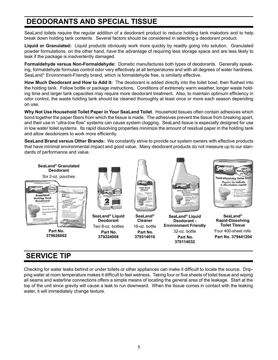 Deodorants and special tissue, Service tip | SeaLand 111 User Manual | Page 5 / 8