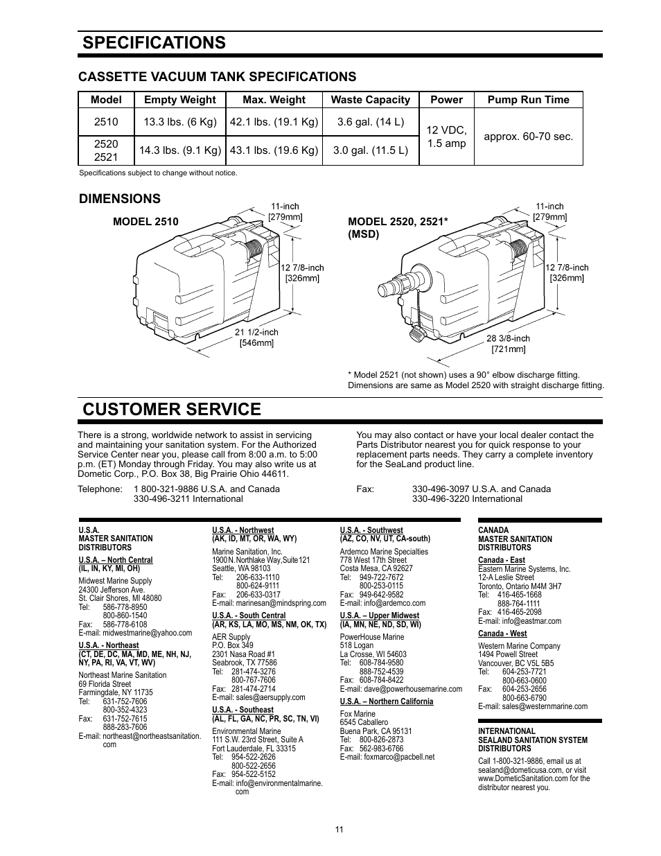 Specifications, Customer service, Cassette vacuum tank specifications | Dimensions | SeaLand 1 2500 Series User Manual | Page 11 / 12