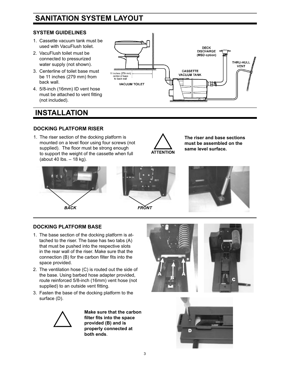 Sanitation system layout, Installation, Docking platform riser | Docking platform base | SeaLand 1 2500 Series User Manual | Page 3 / 12