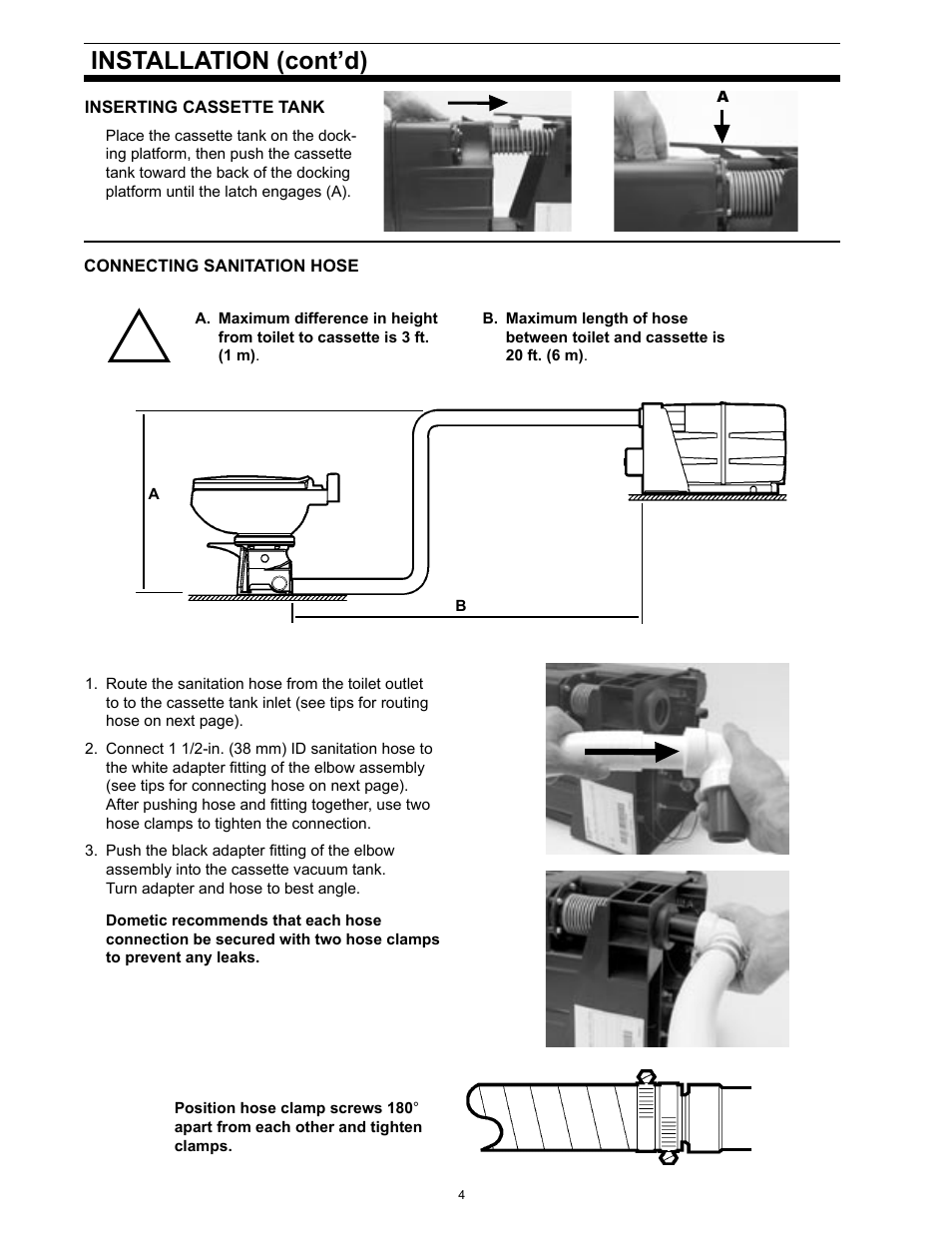 Inserting cassette tank, Connecting sanitation hose, Installation (cont’d) | SeaLand 1 2500 Series User Manual | Page 4 / 12