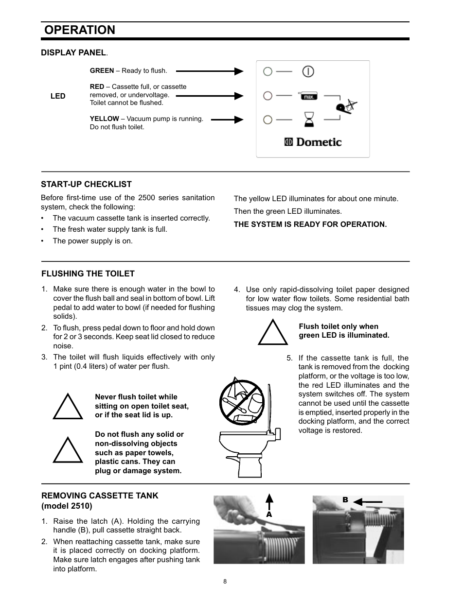 Operation, Display panel, Start-up checklist | Flushing the toilet, Removing cassette tank (model 2510) | SeaLand 1 2500 Series User Manual | Page 8 / 12