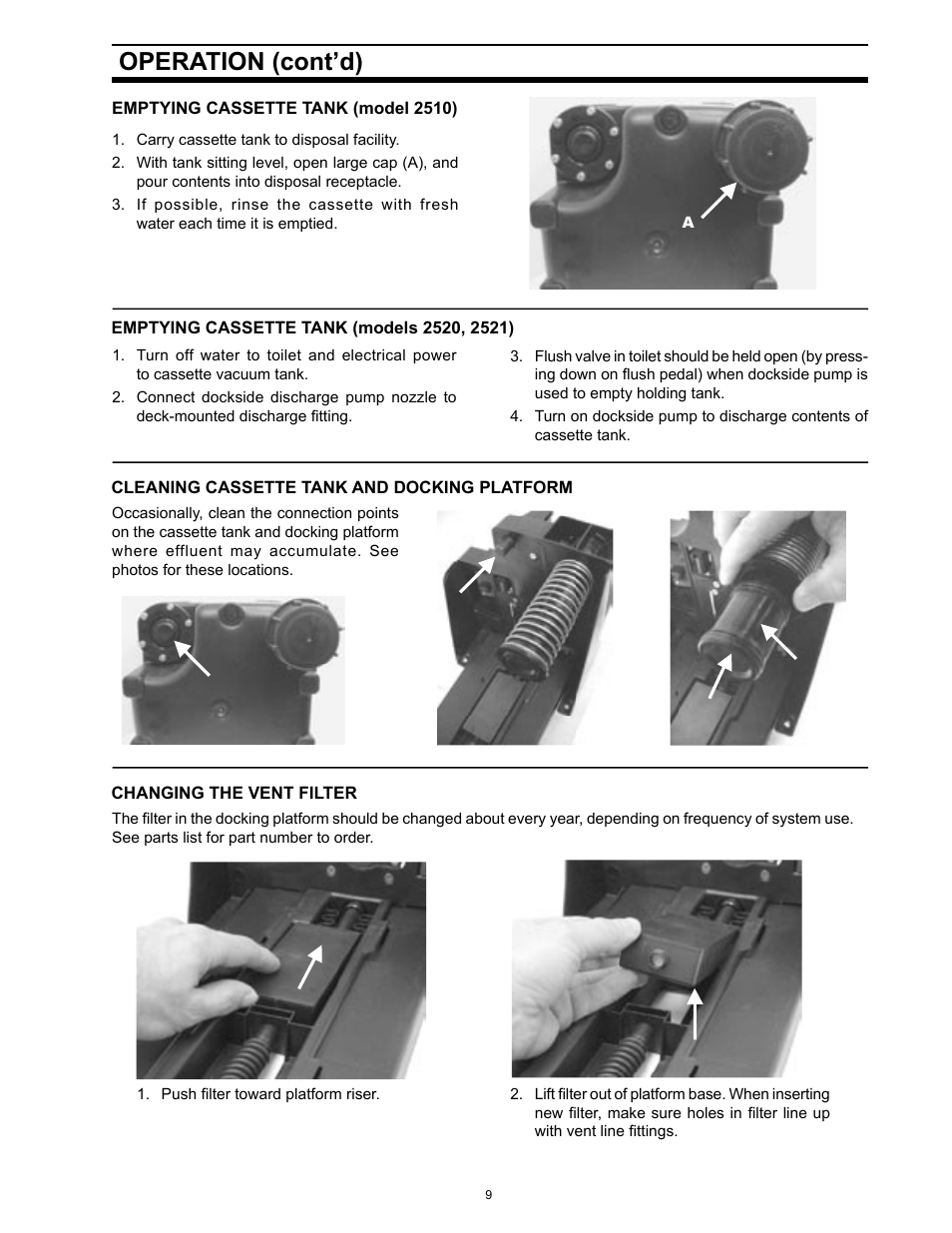 Emptying cassette tank (model 2510), Emptying cassette tank (models 2520, 2521), Cleaning cassette tank, docking platform | Changing the vent filter, Operation (cont’d) | SeaLand 1 2500 Series User Manual | Page 9 / 12