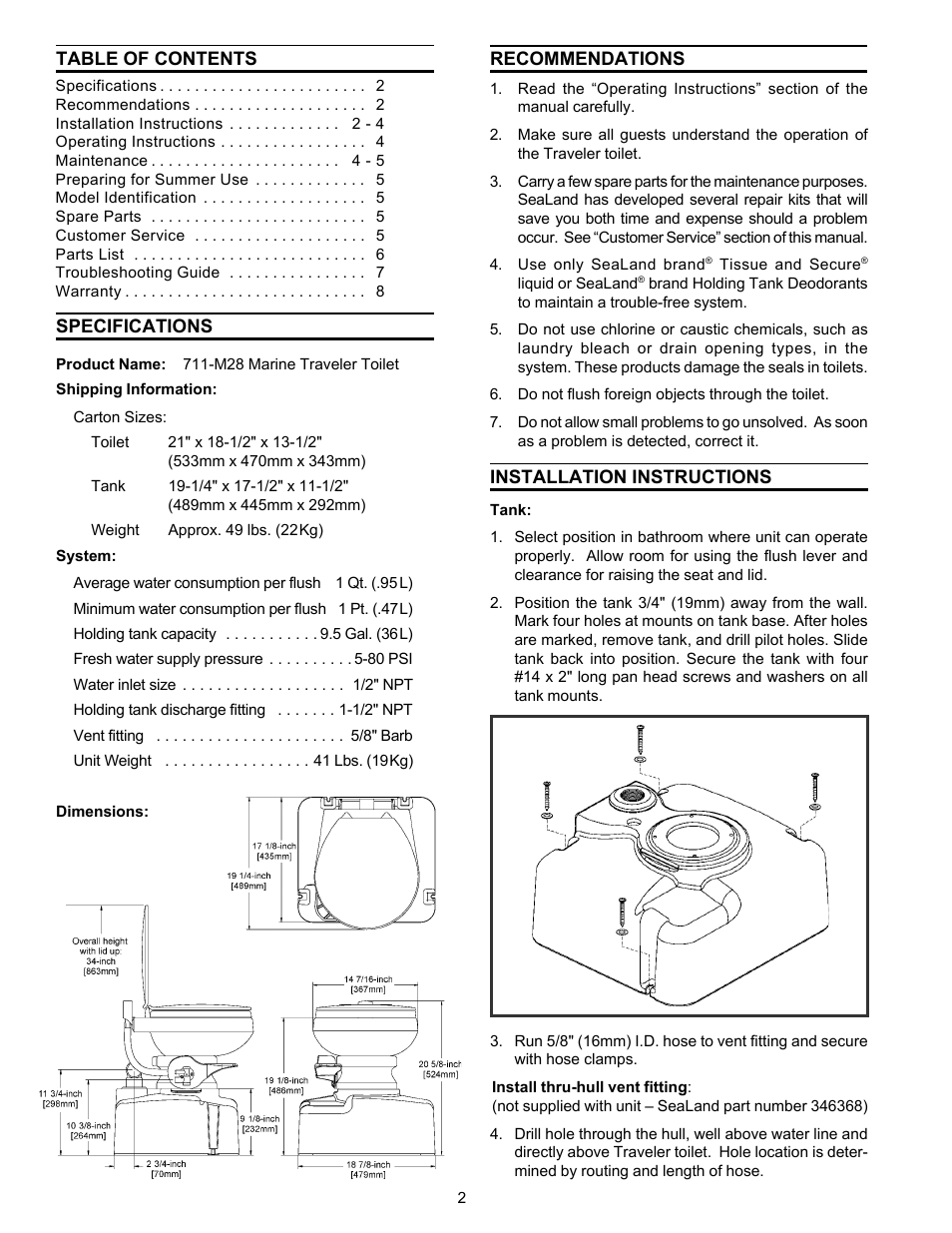 Specifications, Recommendations, Installation instructions | Tank, Thru-hull vent fitting | SeaLand 711-M28 User Manual | Page 2 / 8
