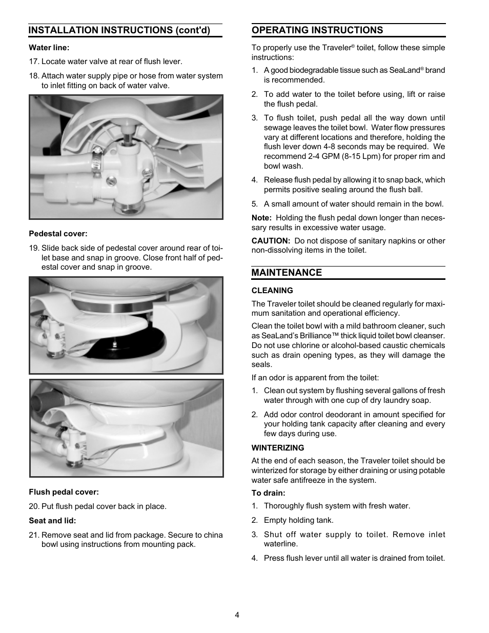 Water line, Pedestal cover, Flush pedal cover | Seat and lid, Operating instructions, Maintenance | SeaLand 711-M28 User Manual | Page 4 / 8