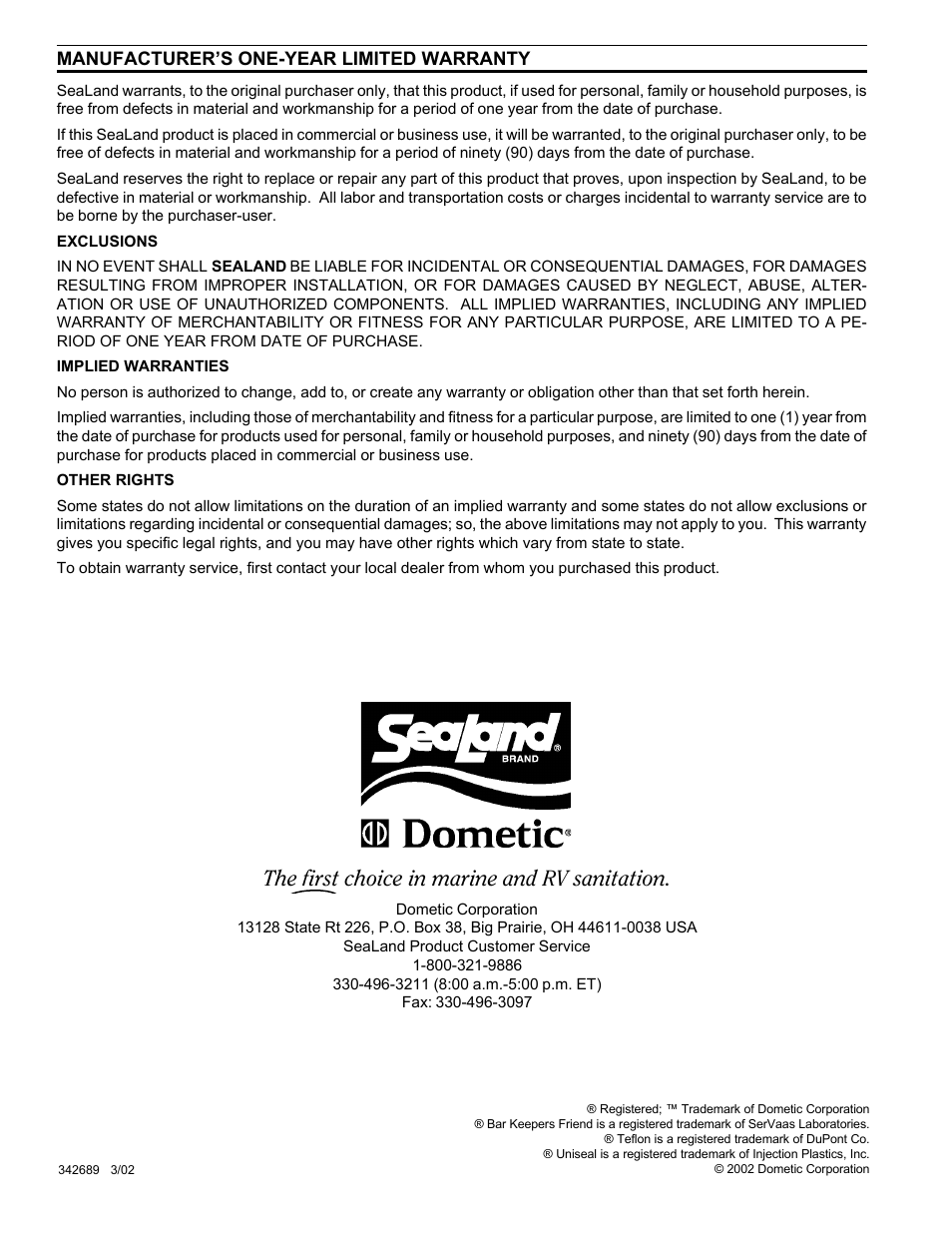 Warranty, The first choice in marine and rv sanitation, Manufacturer’s one-year limited warranty | SeaLand 711-M28 User Manual | Page 8 / 8