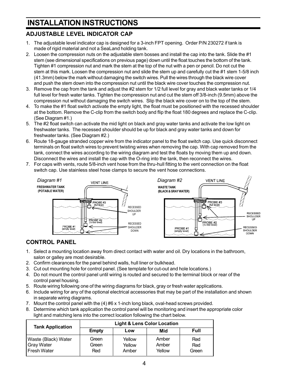 Installation instructions, Level indicator cap, Control panel | Adjustable level indicator cap | SeaLand 4 User Manual | Page 4 / 9