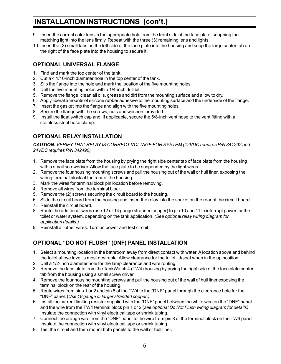 Universal flange (optional), Relay (optional), Do not flush" panel (optional) | Installation instructions, Con’t.) | SeaLand 4 User Manual | Page 5 / 9