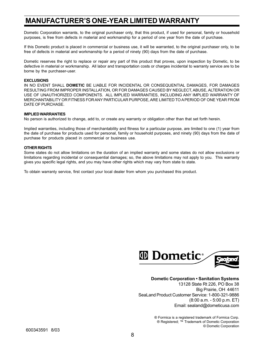 Warranty, Manufacturer’s one-year limited warranty | SeaLand 4 User Manual | Page 8 / 9