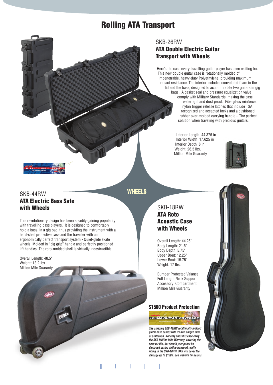 Rolling ata transport, Skb-18rw ata roto acoustic case with wheels, Skb-44rw ata electric bass safe with wheels | SKB Contoured Case for `Flying V' -58 User Manual | Page 3 / 8