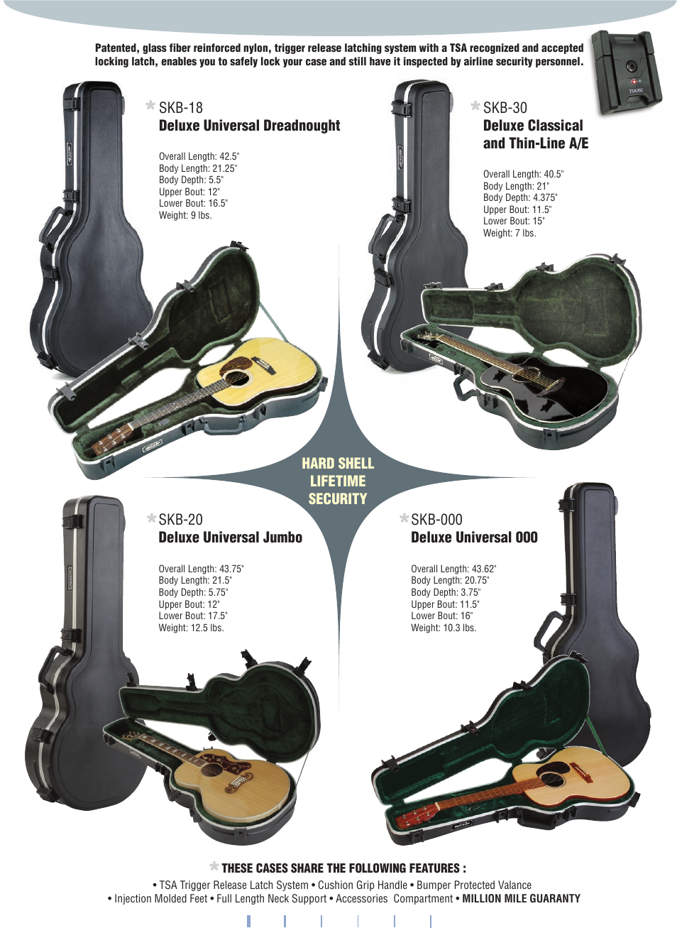 Skb-18 deluxe universal dreadnought, Skb-20 deluxe universal jumbo, Skb-30 deluxe classical and thin-line a/e | Hard shell lifetime security | SKB Contoured Case for `Flying V' -58 User Manual | Page 6 / 8