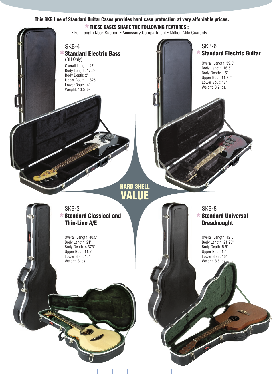Value, Skb-4 standard electric bass, Skb-6 standard electric guitar | Skb-8 standard universal dreadnought, Skb-3 standard classical and thin-line a/e, Hard shell | SKB Contoured Case for `Flying V' -58 User Manual | Page 7 / 8