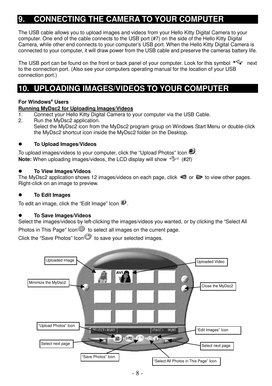 Connecting the camera to your computer, Uploading images/videos to your computer | Spectra KT7002 User Manual | Page 9 / 14