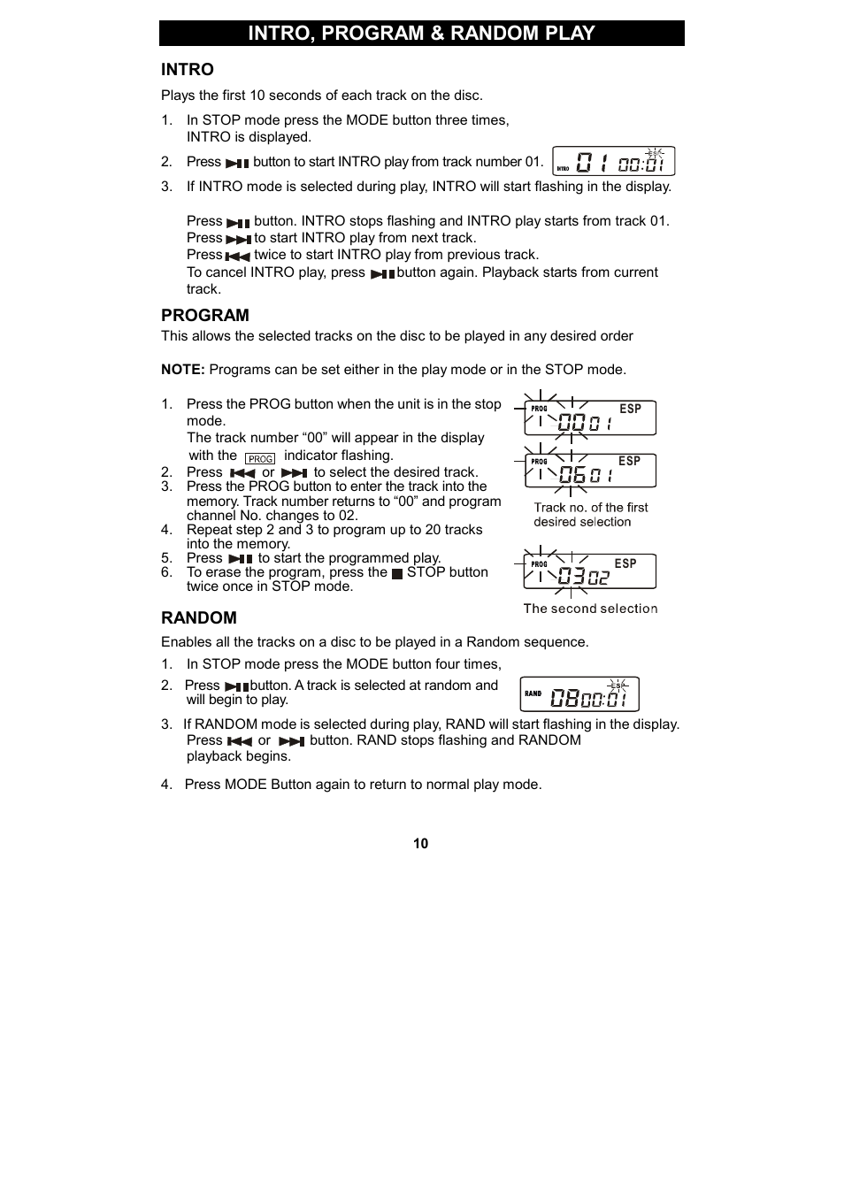 Intro, program & random play, Intro, Program | Random | Spectra KT2038 User Manual | Page 10 / 14