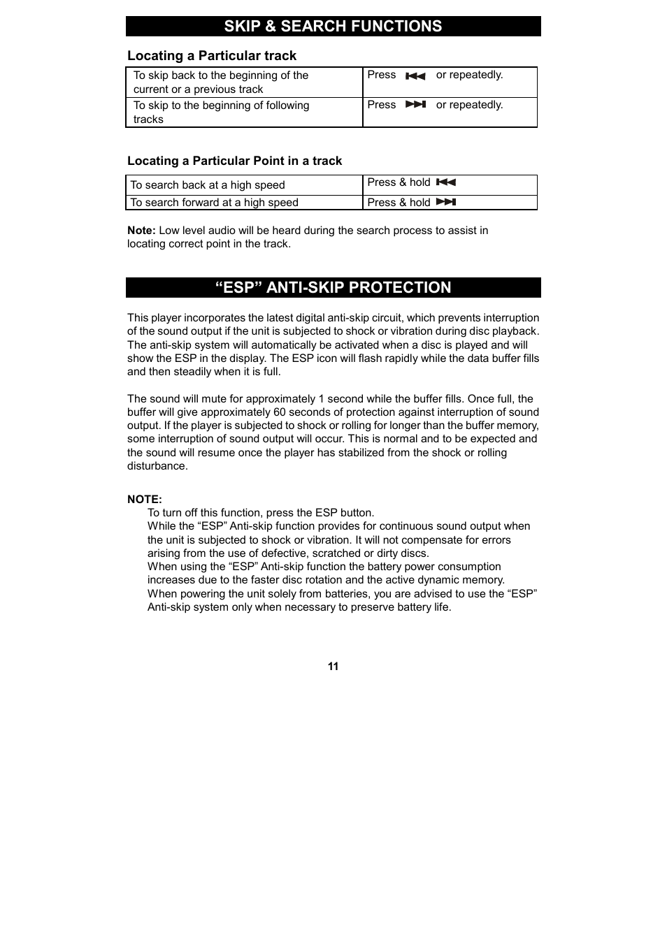 Skip & search functions, Esp” anti-skip protection | Spectra KT2038 User Manual | Page 11 / 14